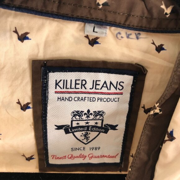 Killer Jeans Mens Button Down Shirt Bird Print Cotton Beige L - Picture 4 of 5